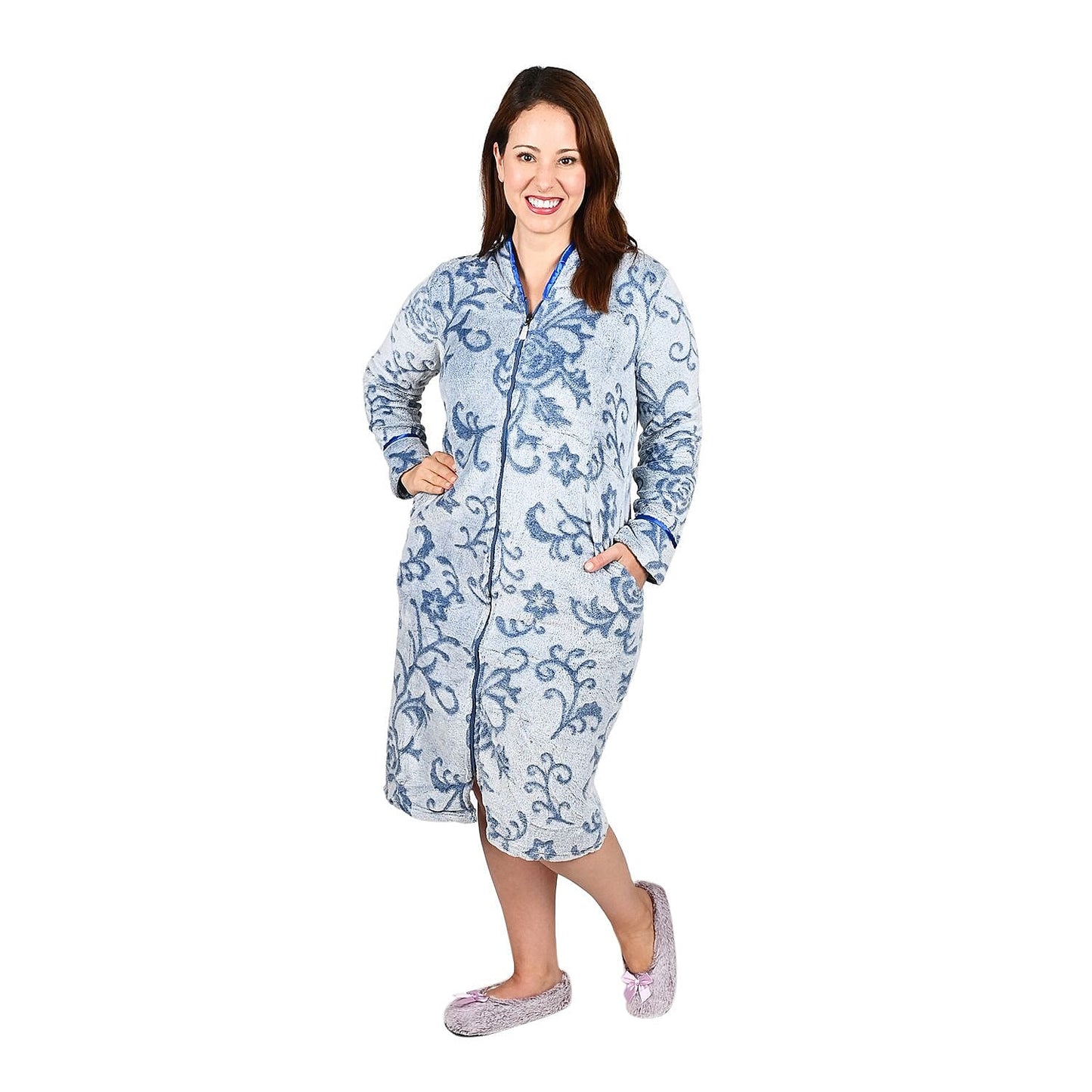 LATI FASHIONS Blue Burnout Floral Zipper Front Robe-L