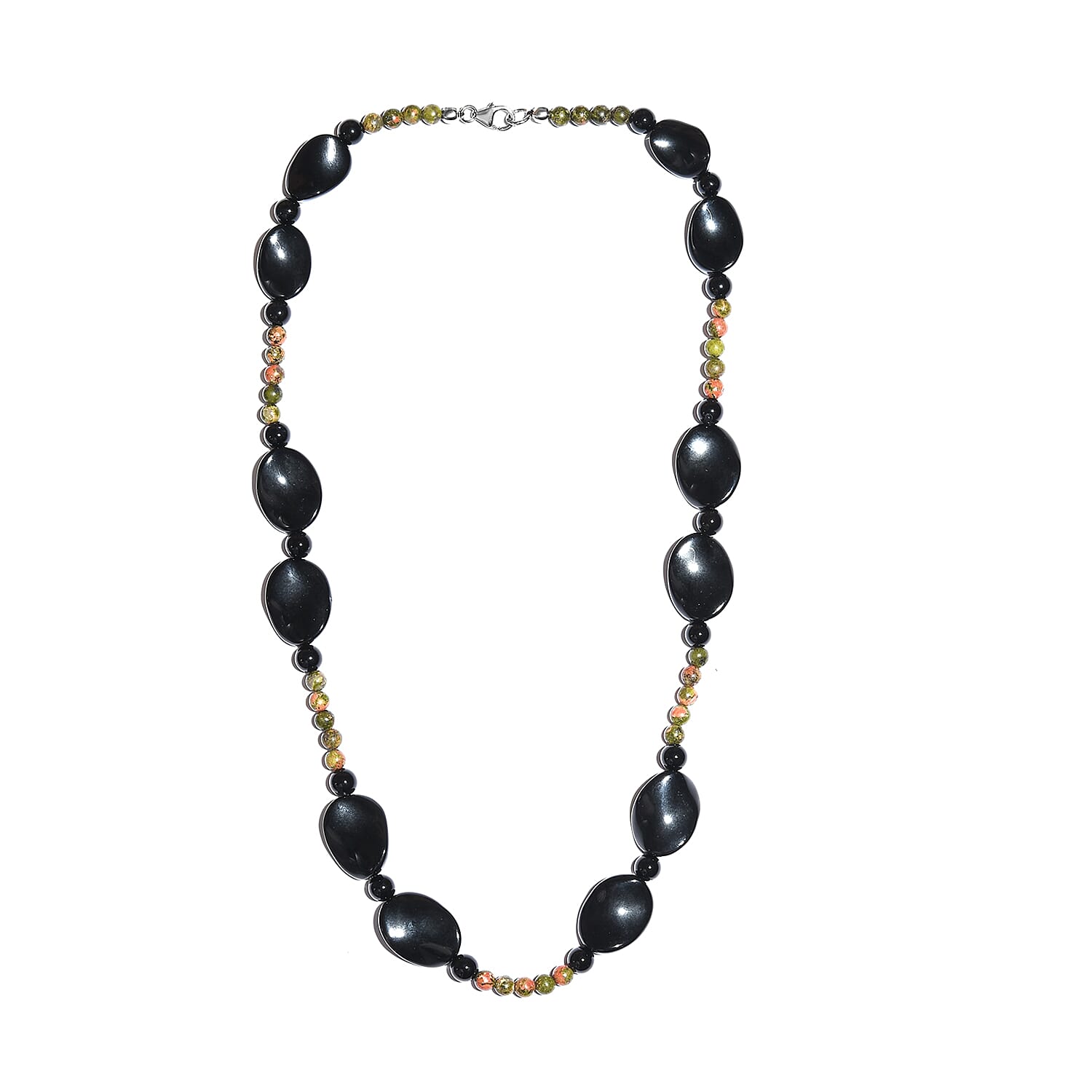 Black Agate and Unakite Beaded Necklace 20 Inches in Sterling Silver 181.30 ctw