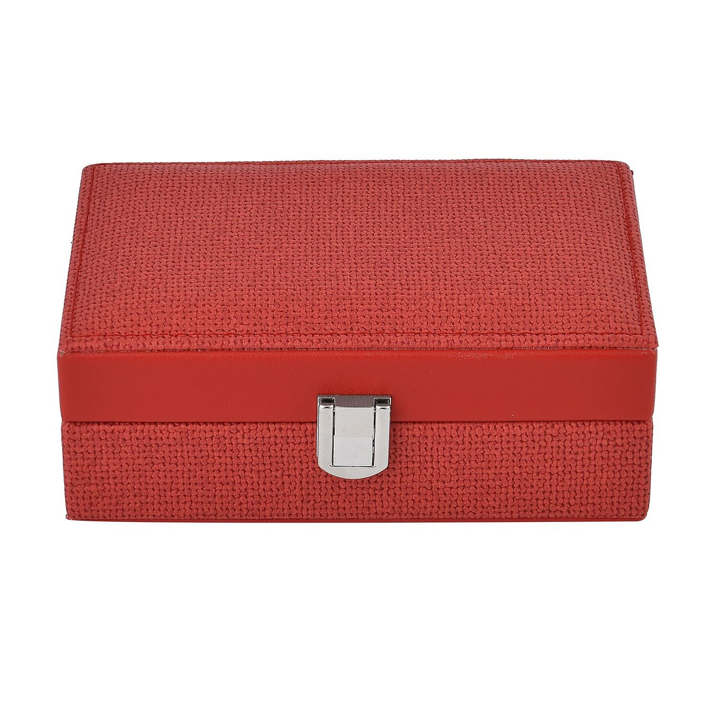 Red Woven Embossed Faux Leather Jewelry box with Mirror and Lock (6.5"x4.1"x2.4")