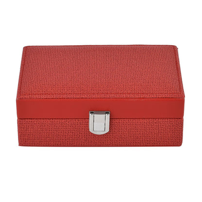 Red Woven Embossed Faux Leather Jewelry box with Mirror and Lock (6.5"x4.1"x2.4")