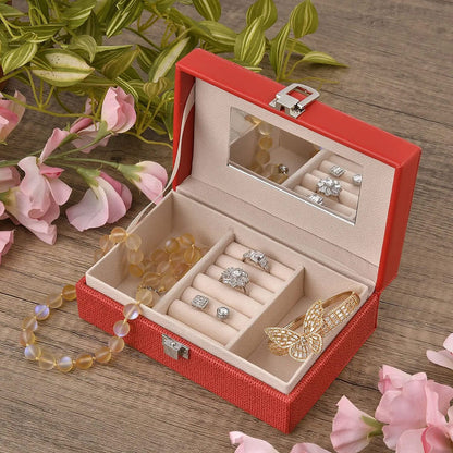 Red Woven Embossed Faux Leather Jewelry box with Mirror and Lock (6.5"x4.1"x2.4")