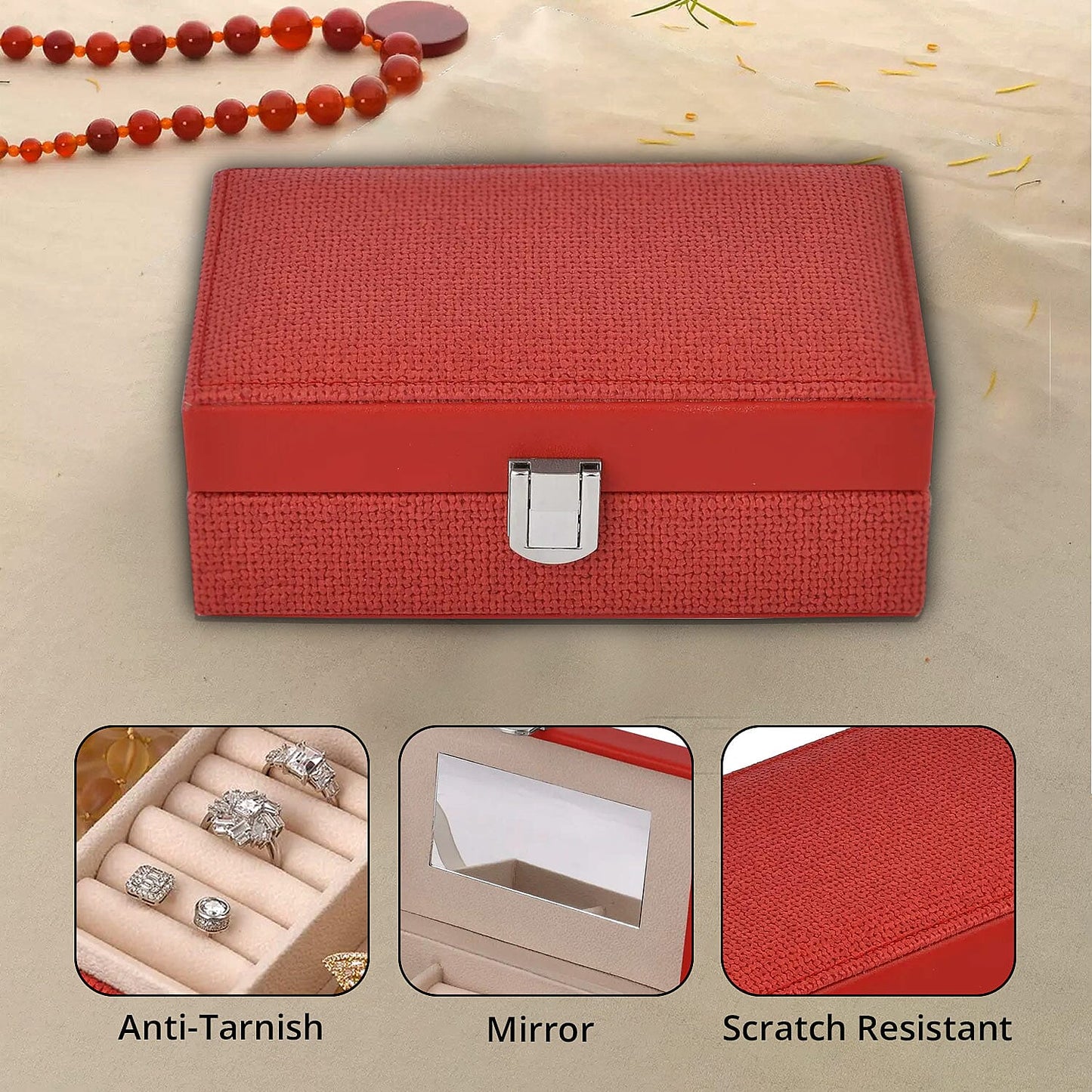 Red Woven Embossed Faux Leather Jewelry box with Mirror and Lock (6.5"x4.1"x2.4")