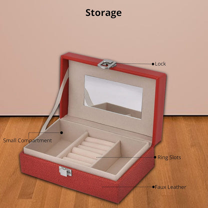 Red Woven Embossed Faux Leather Jewelry box with Mirror and Lock (6.5"x4.1"x2.4")