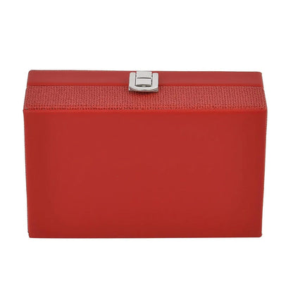 Red Woven Embossed Faux Leather Jewelry box with Mirror and Lock (6.5"x4.1"x2.4")