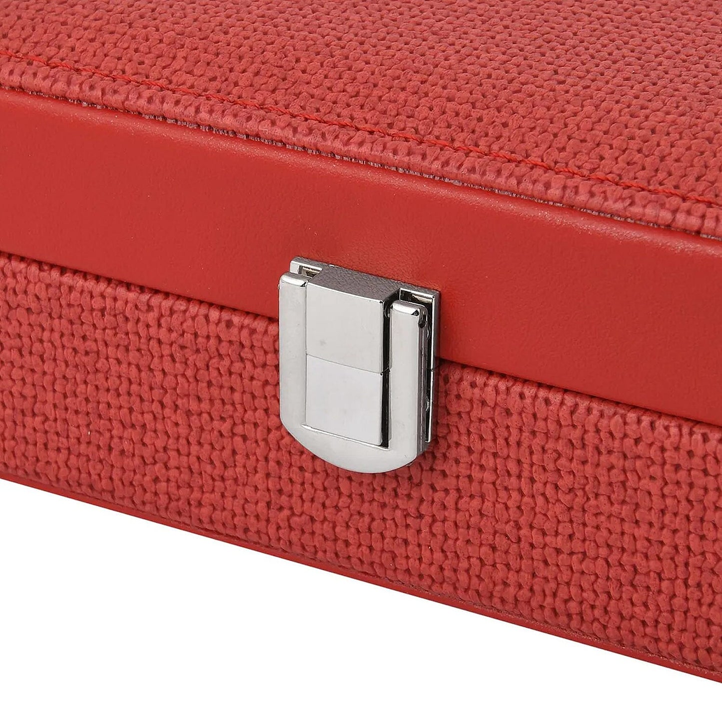 Red Woven Embossed Faux Leather Jewelry box with Mirror and Lock (6.5"x4.1"x2.4")