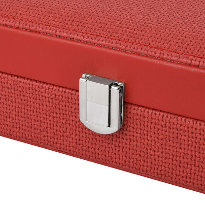 Red Woven Embossed Faux Leather Jewelry box with Mirror and Lock (6.5"x4.1"x2.4")