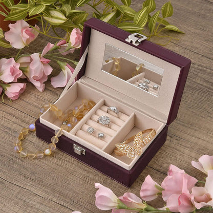 Red Woven Embossed Faux Leather Jewelry box with Mirror and Lock (6.5"x4.1"x2.4")