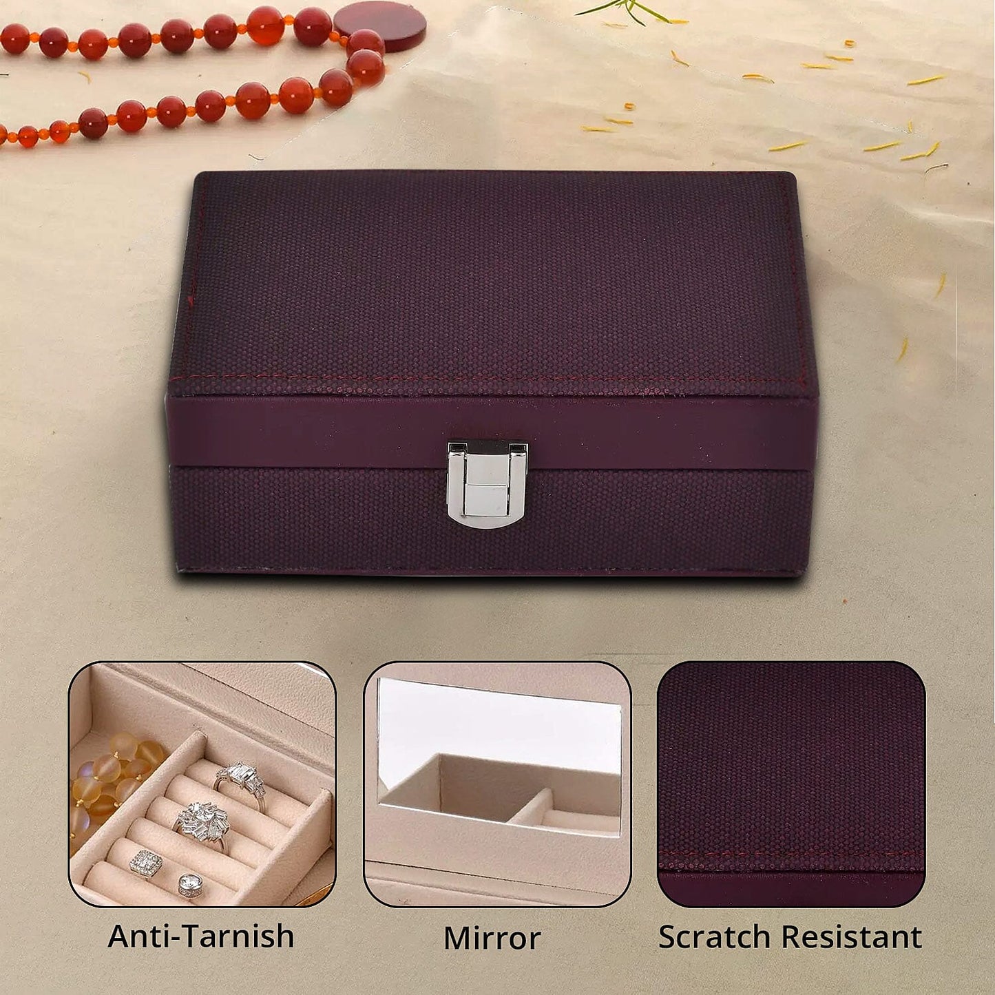 Red Woven Embossed Faux Leather Jewelry box with Mirror and Lock (6.5"x4.1"x2.4")