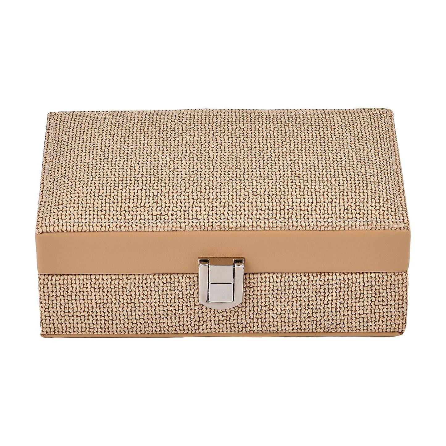 Red Woven Embossed Faux Leather Jewelry box with Mirror and Lock (6.5"x4.1"x2.4")