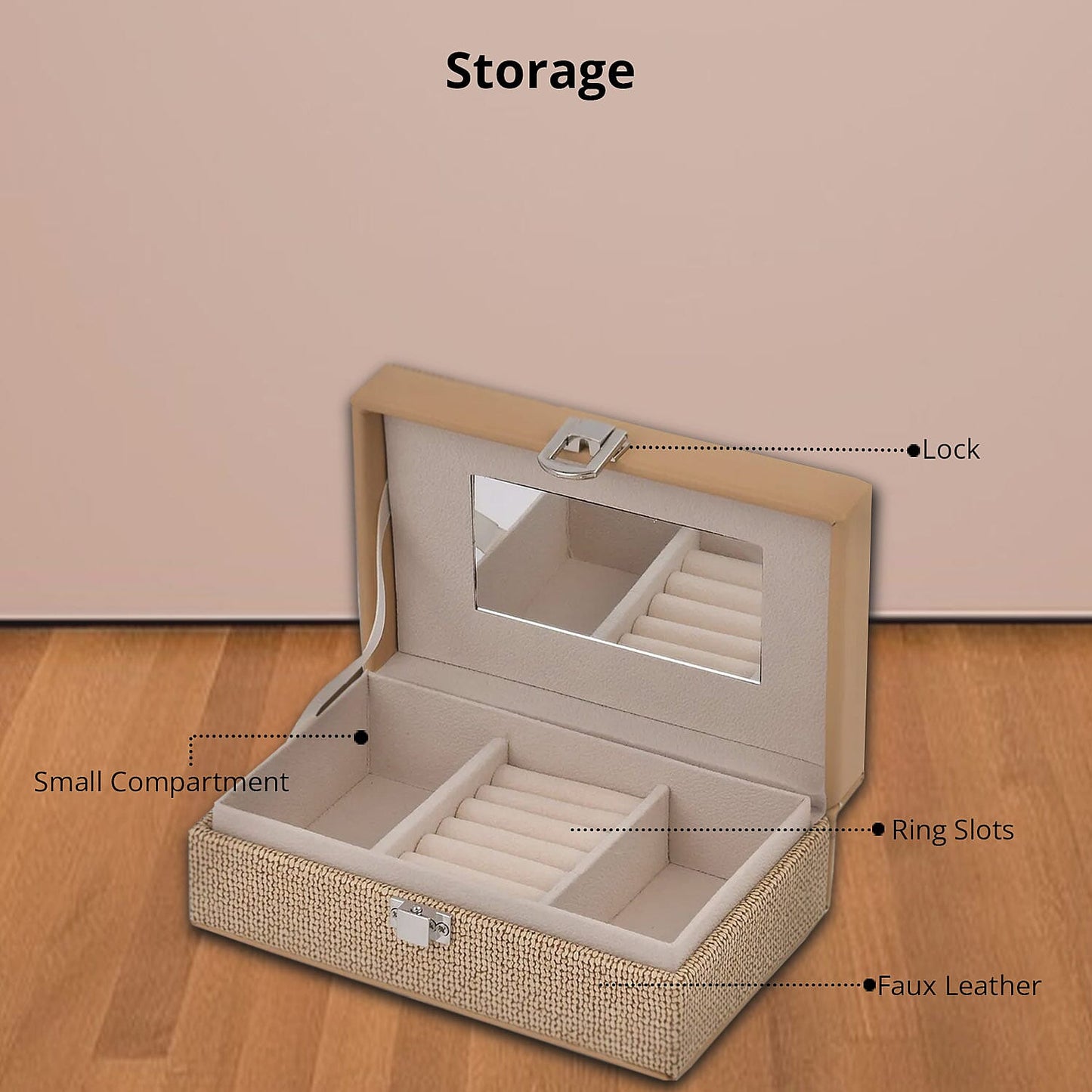 Red Woven Embossed Faux Leather Jewelry box with Mirror and Lock (6.5"x4.1"x2.4")