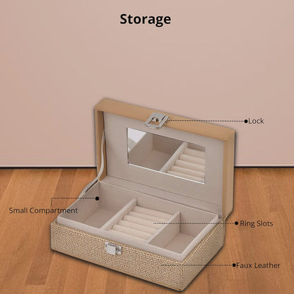 Red Woven Embossed Faux Leather Jewelry box with Mirror and Lock (6.5"x4.1"x2.4")