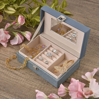 Red Woven Embossed Faux Leather Jewelry box with Mirror and Lock (6.5"x4.1"x2.4")