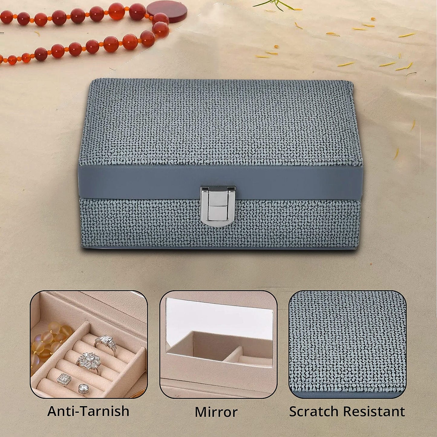 Red Woven Embossed Faux Leather Jewelry box with Mirror and Lock (6.5"x4.1"x2.4")