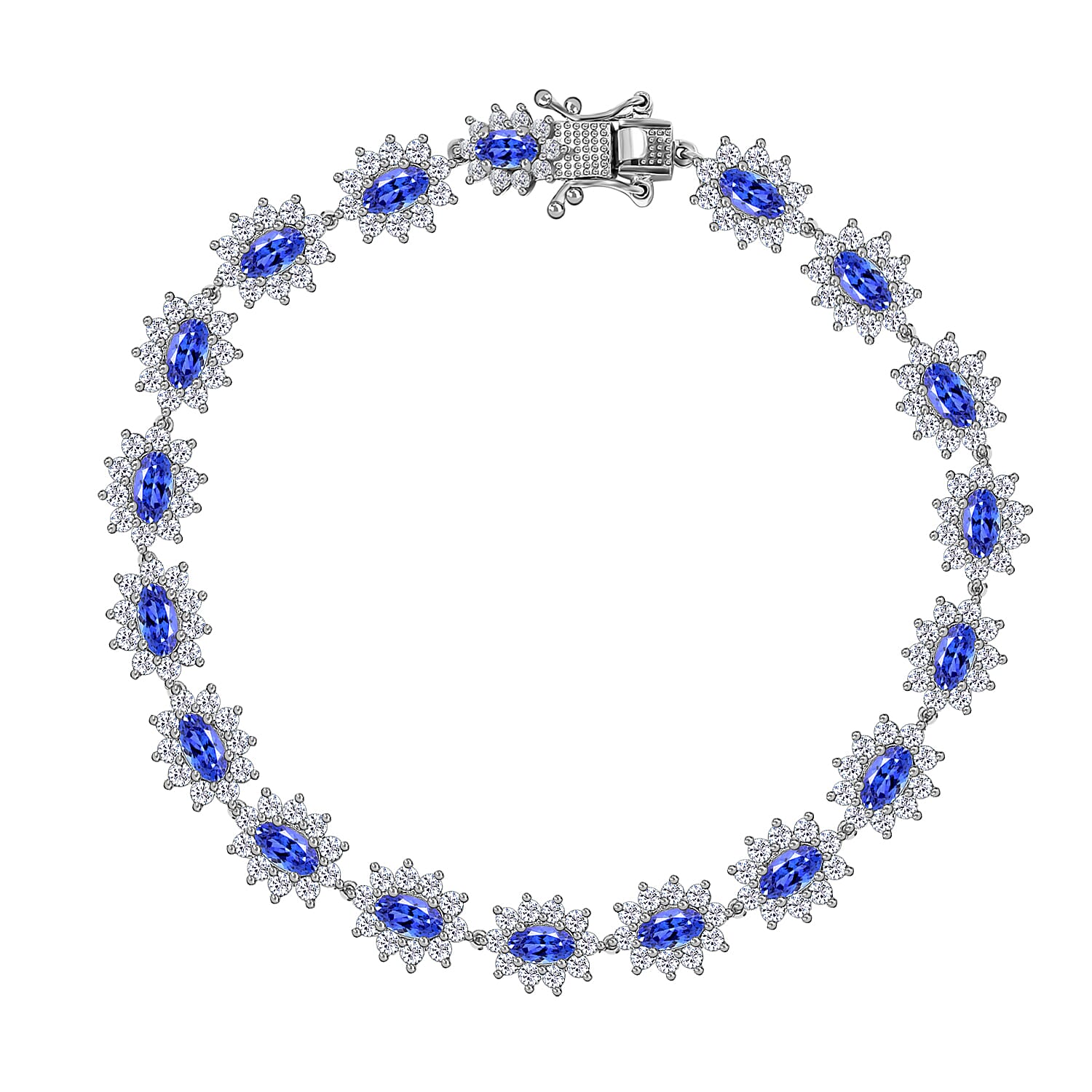 AAA Tanzanite and Moissanite Bracelet in Platinum Over Sterling Silver (7.25 In) 13.50 Grams 7.40 ctw