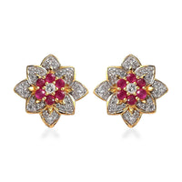 Premium Montepuez Ruby and White Zircon Floral Stud Earrings in Vermeil Yellow Gold Over Sterling Silver 2.00 ctw