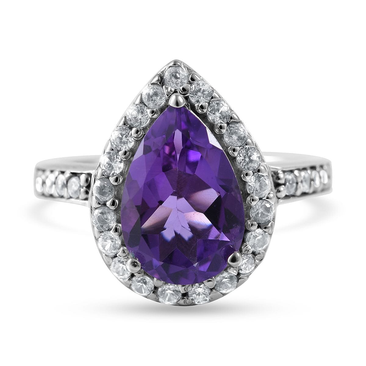 Uruguayan Amethyst and Natural White Zircon Halo Ring in Platinum Over Sterling Silver 3.35 ctw