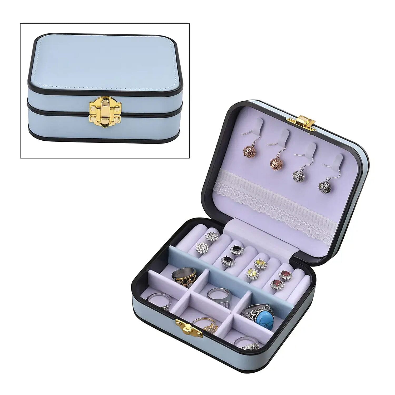Light Blue Faux Leather Travel Jewelry Box with Lock (5.3"x4.5"x2")