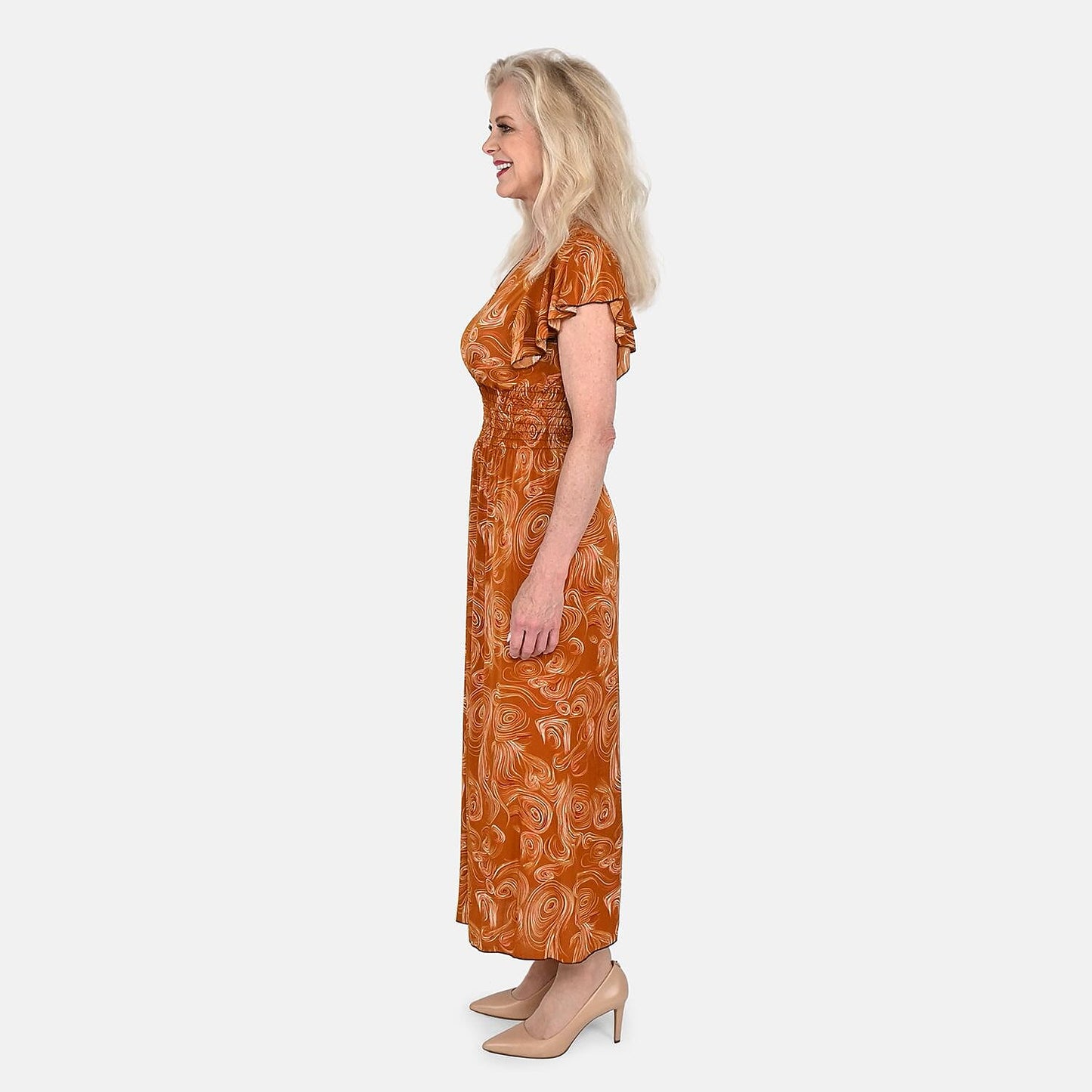 Tamsy Black Multi Tropical Waist Maxi Dress with Flutter Sleeve (13.7"X49")