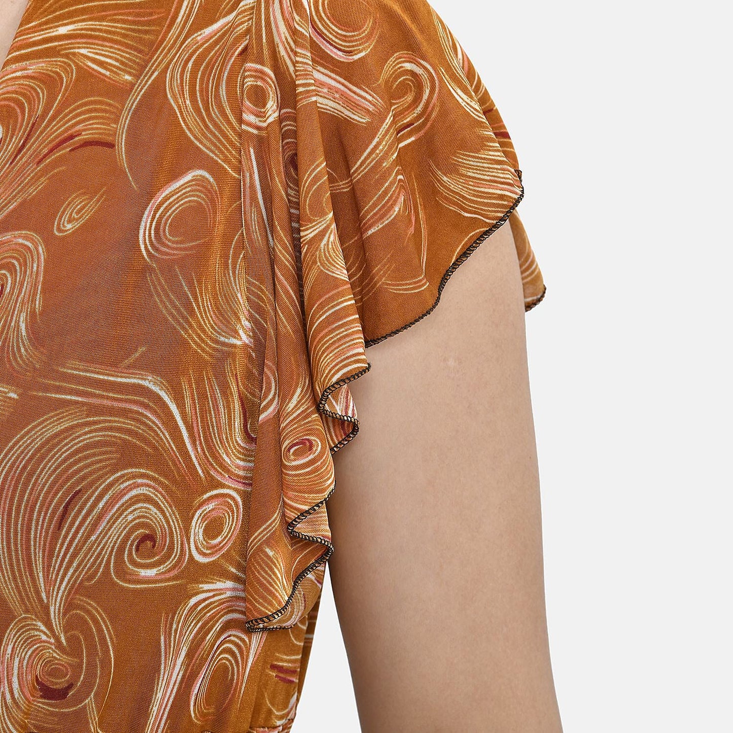 Tamsy Black Multi Tropical Waist Maxi Dress with Flutter Sleeve (13.7"X49")