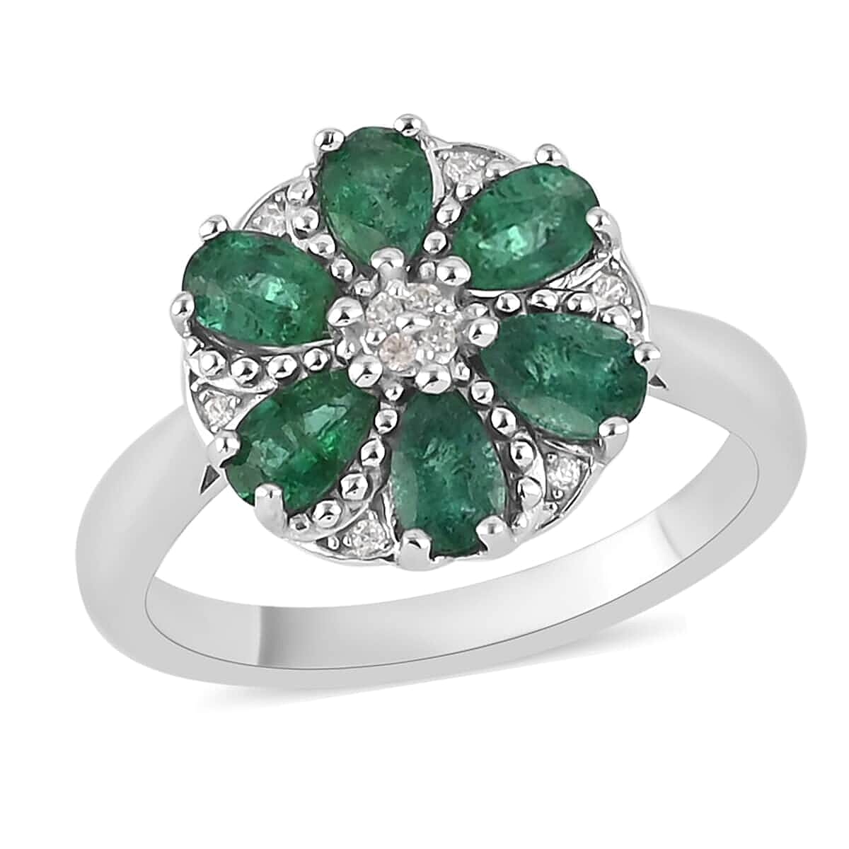 AAA Kagem Zambian Intense Green Emerald, Natural White Zircon Flower Ring in Rhodium Over Sterling Silver (Size 8.0) 1.25 ctw (1)