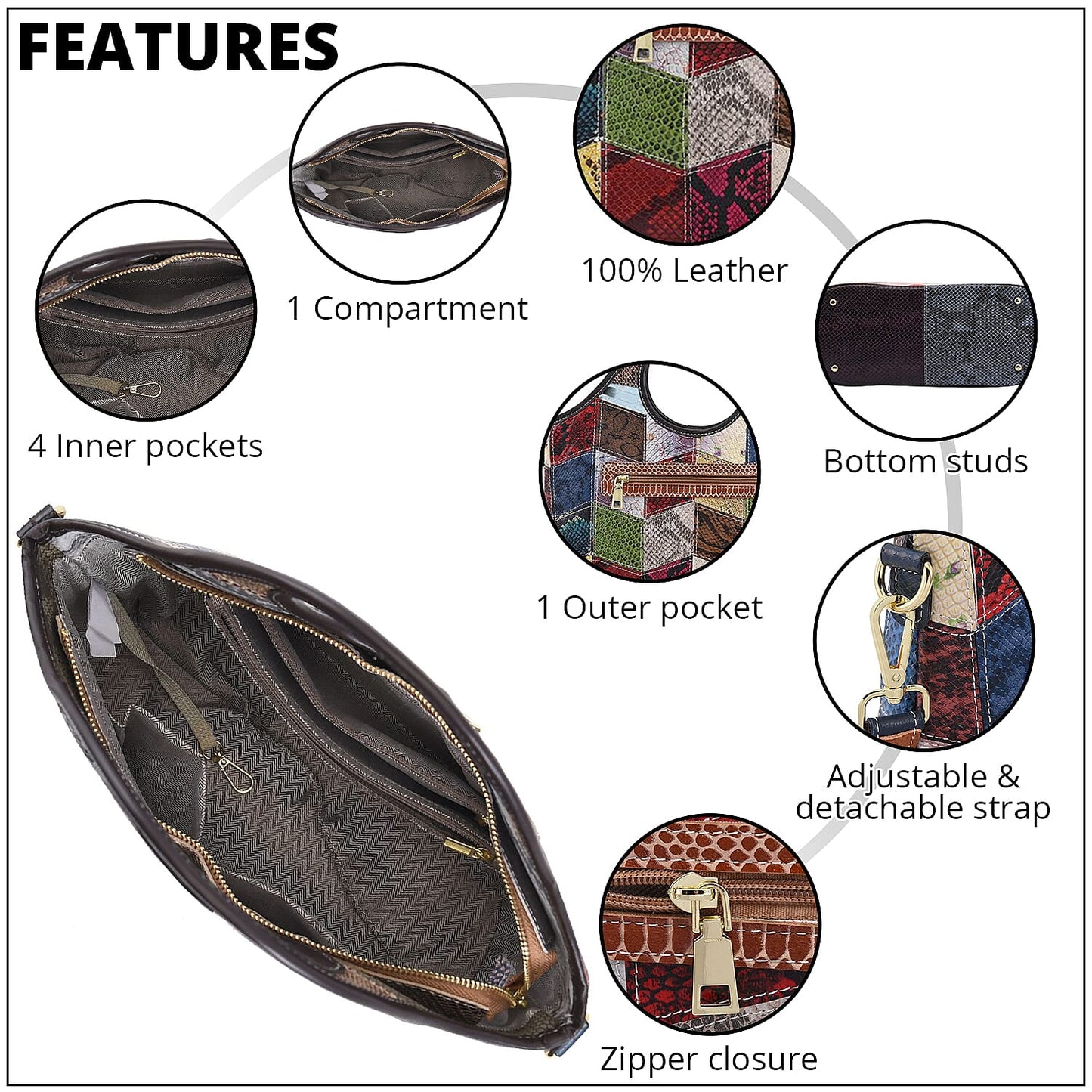 CHAOS Rainbow Solid Color Genuine Leather Convertible Tote Bag (12.5"x5.5"x8.5") with Long Shoulder Strap