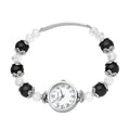 STRADA Simulated Black and White Beaded Japanese Movement Stretch Bracelet Watch in Black Oxidized Silvertone (7.25 In) - Sticky add to cart bar