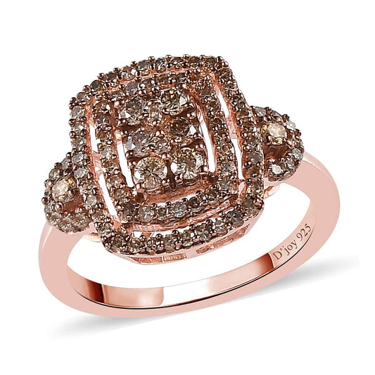 Natural Champagne Diamond Cluster Ring in Vermeil Rose Gold Over Sterling Silver 0.75 ctw