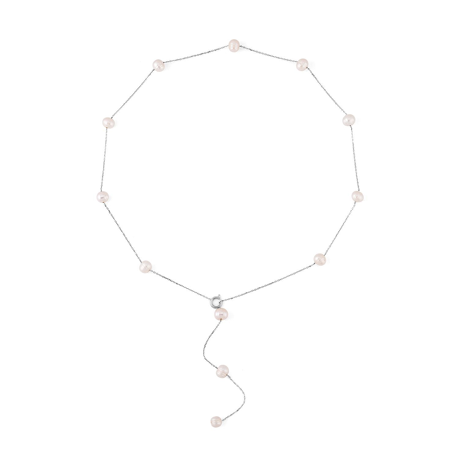 White Freshwater Pearl Lariat Necklace 26 Inches in Stainless Steel