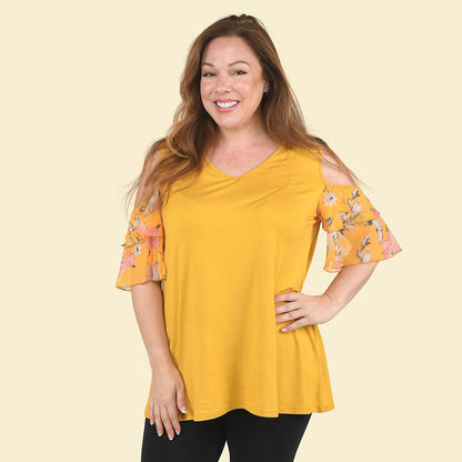 TAMSY Yellow Blouse with Cold Shoulder and Floral Ruffle Sleeve - L