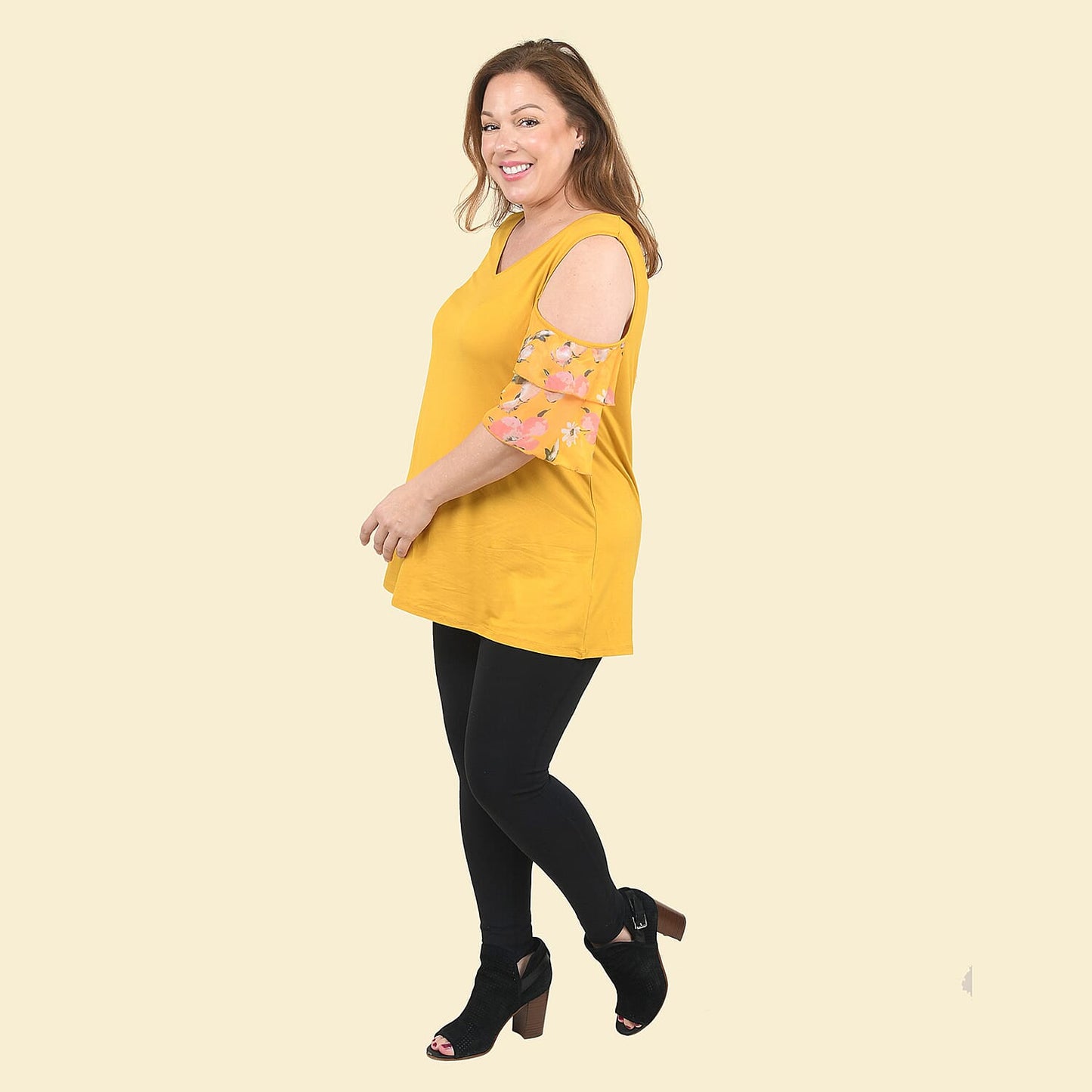 TAMSY Yellow Blouse with Cold Shoulder and Floral Ruffle Sleeve - L