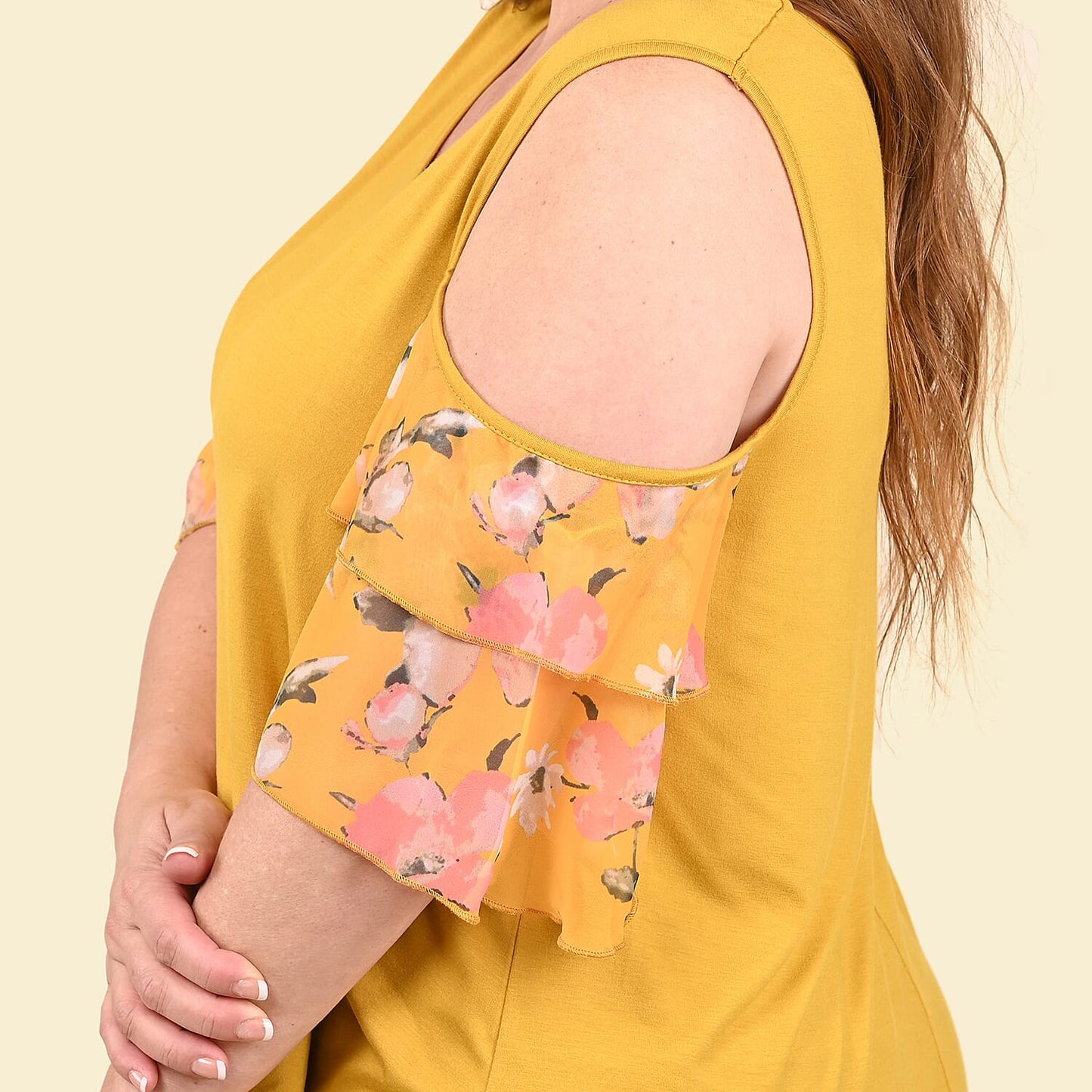 TAMSY Yellow Blouse with Cold Shoulder and Floral Ruffle Sleeve - L