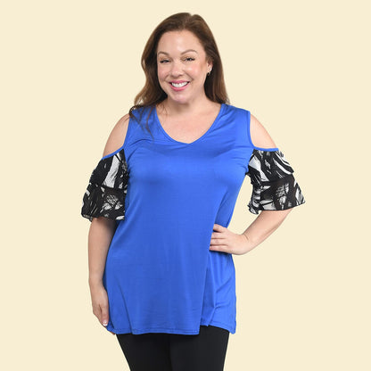 TAMSY Yellow Blouse with Cold Shoulder and Floral Ruffle Sleeve - L