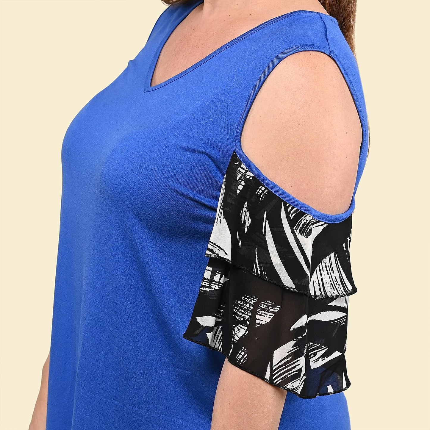 TAMSY Yellow Blouse with Cold Shoulder and Floral Ruffle Sleeve - L