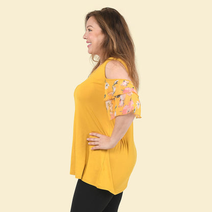 TAMSY Yellow Blouse with Cold Shoulder and Floral Ruffle Sleeve - L