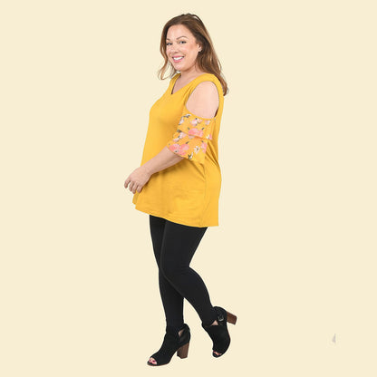 TAMSY Yellow Blouse with Cold Shoulder and Floral Ruffle Sleeve - L