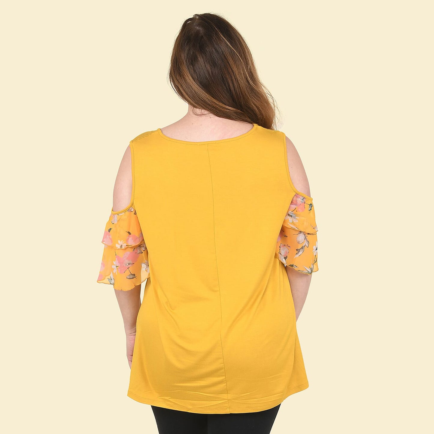 TAMSY Yellow Blouse with Cold Shoulder and Floral Ruffle Sleeve - L
