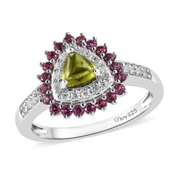 Premium Italian Natural Vesuvianite and Multi Gemstone Double Halo Ring in Platinum Over Sterling Silver 1.25 ctw