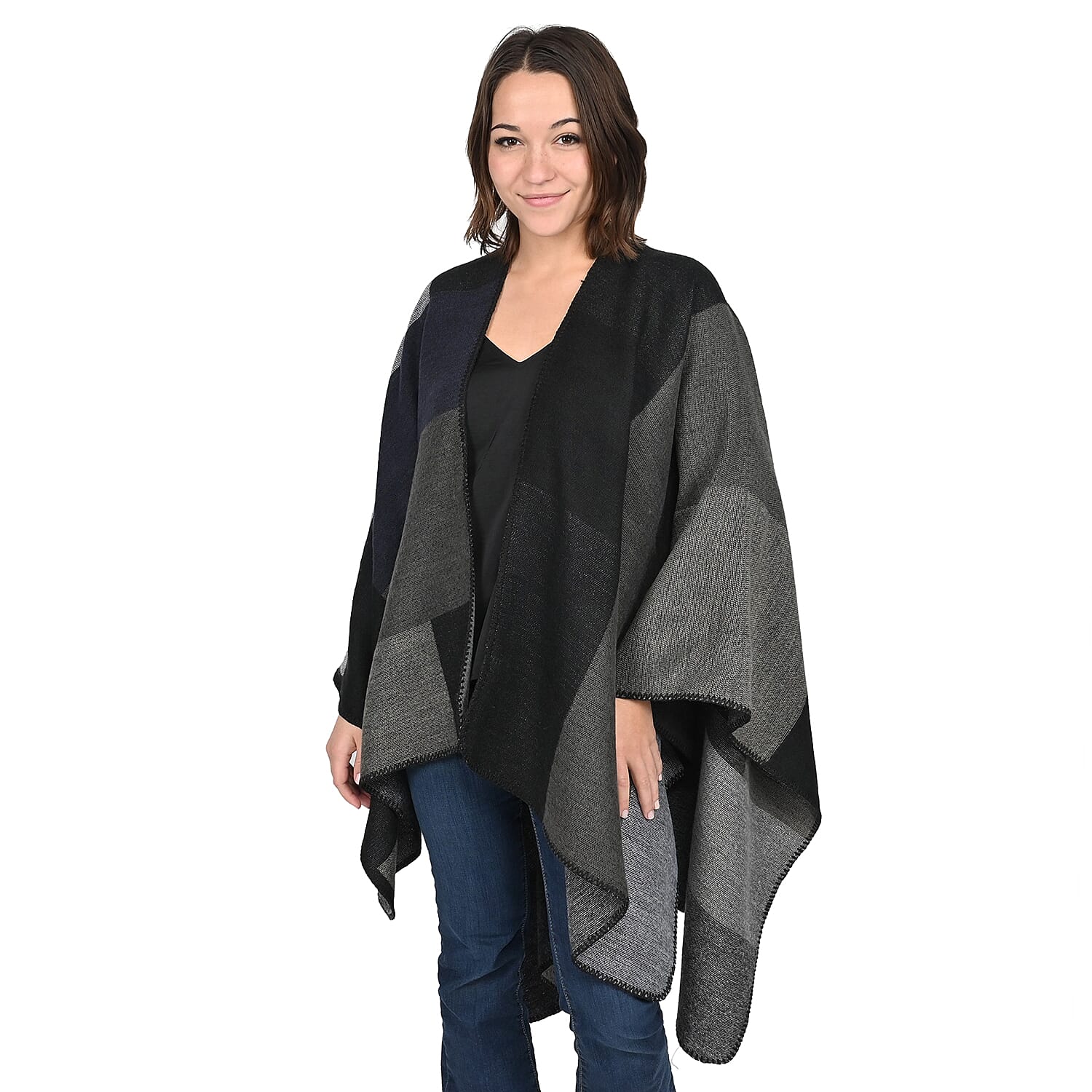 TAMSY Gray Neutral Patchwork Poncho (One Size Fits Most)
