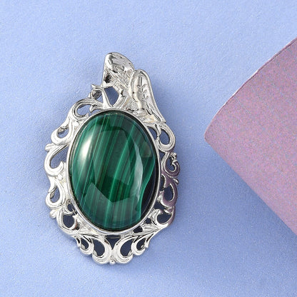 African Malachite Solitaire Pendant in Platinum Over Copper with Magnet 14.50 ctw