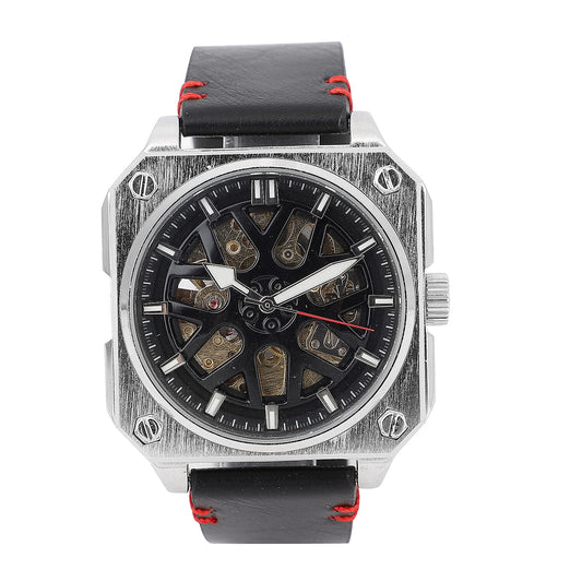 GENOA Automatic Mechanical Movement Watch with Black Hollow-Out Dial and Black Leather Strap (44 mm)