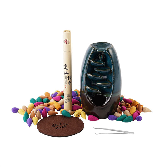 Blue Ceramic Backflow Incense Holder Incense Burner Waterfall with 60 Backflow Incense Cones, 30 Incense Stick, 1p Tweezer and Base (3.93"x3.93"x7.87")