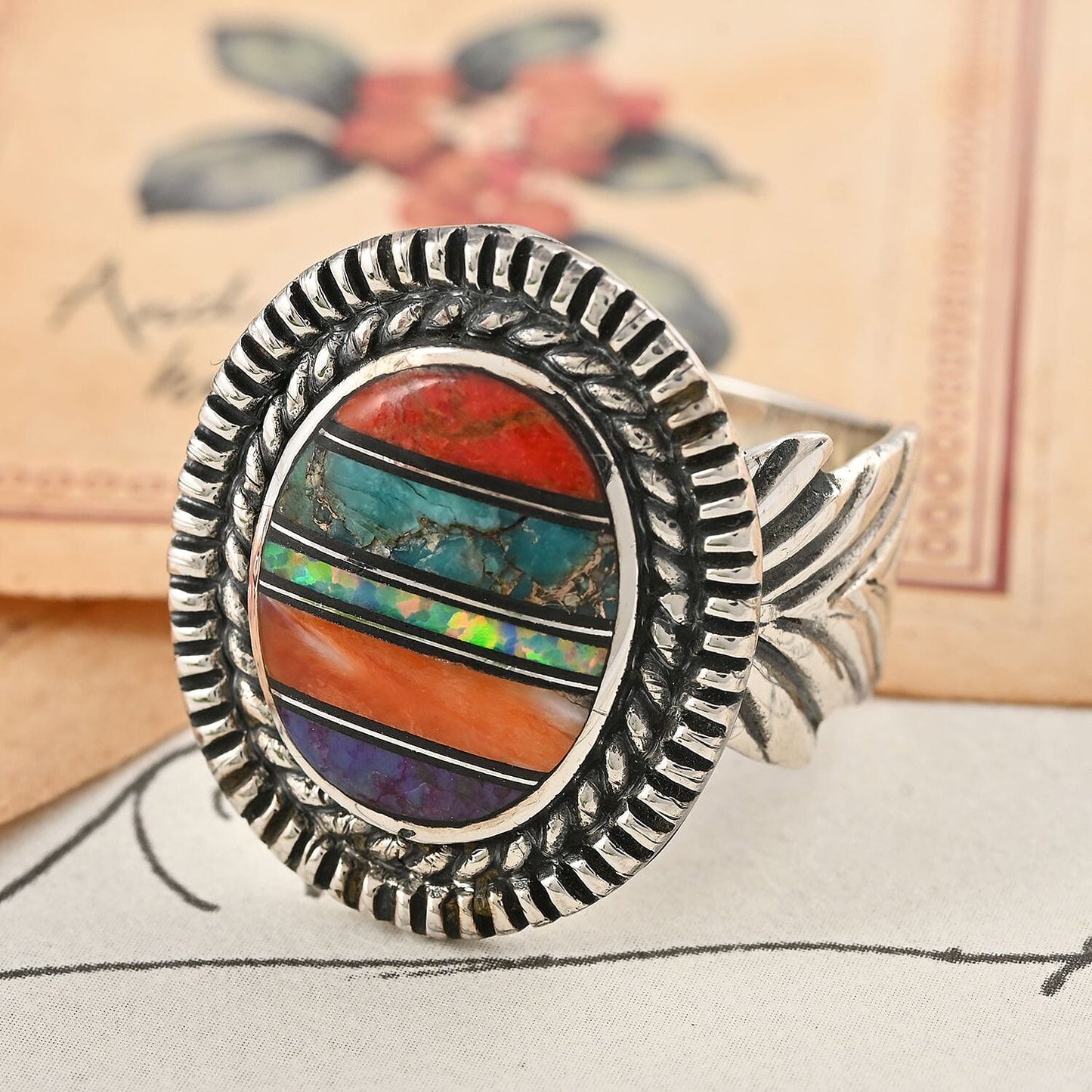 SANTA FE Style Multi Gemstone Ring in Sterling Silver 3.75 ctw