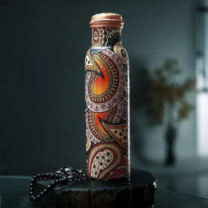 Multi Color Printed Copper Bottle with Shungite Infuser and Shungite Bracelet  Bottle Size: Height- 10.6 inches, Diameter- 2.75 inches, Bracelet - 6mm Bottle Capacity: Approx. 32 Oz.