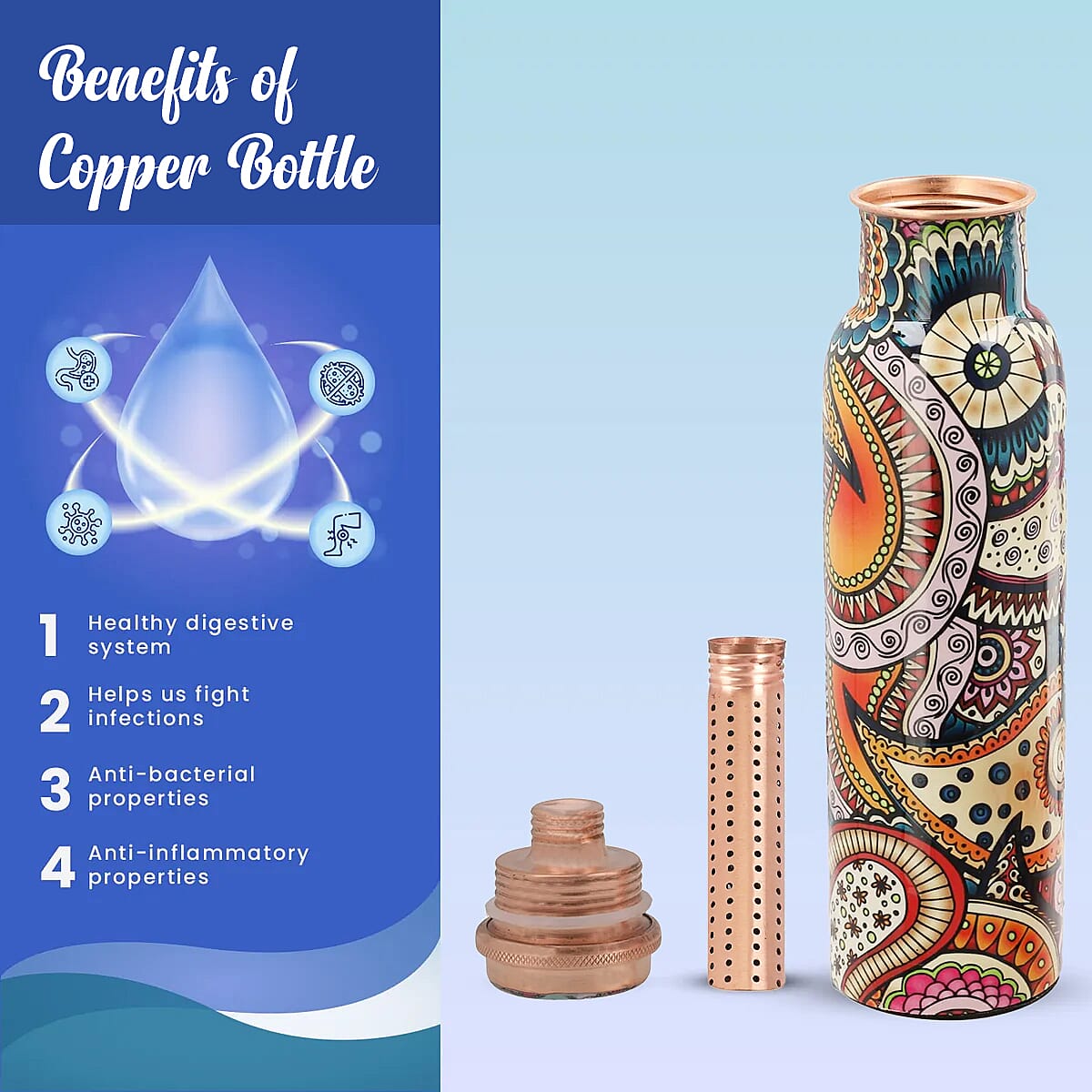 Multi Color Printed Copper Bottle with Shungite Infuser and Shungite Bracelet  Bottle Size: Height- 10.6 inches, Diameter- 2.75 inches, Bracelet - 6mm Bottle Capacity: Approx. 32 Oz.