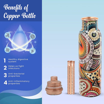 Multi Color Printed Copper Bottle with Shungite Infuser and Shungite Bracelet  Bottle Size: Height- 10.6 inches, Diameter- 2.75 inches, Bracelet - 6mm Bottle Capacity: Approx. 32 Oz.