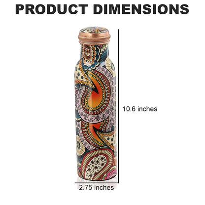 Multi Color Printed Copper Bottle with Shungite Infuser and Shungite Bracelet  Bottle Size: Height- 10.6 inches, Diameter- 2.75 inches, Bracelet - 6mm Bottle Capacity: Approx. 32 Oz.