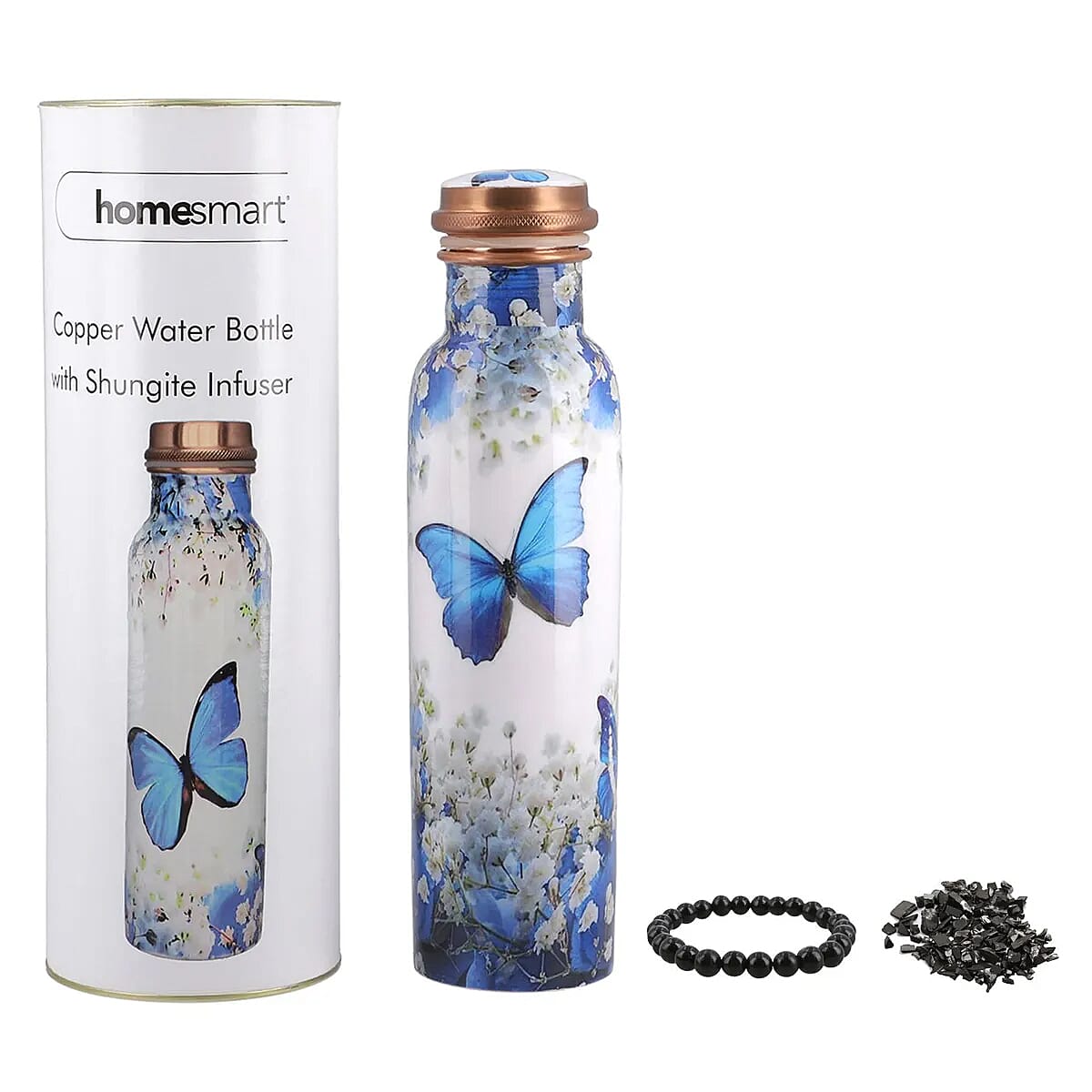 Multi Color Printed Copper Bottle with Shungite Infuser and Shungite Bracelet  Bottle Size: Height- 10.6 inches, Diameter- 2.75 inches, Bracelet - 6mm Bottle Capacity: Approx. 32 Oz.