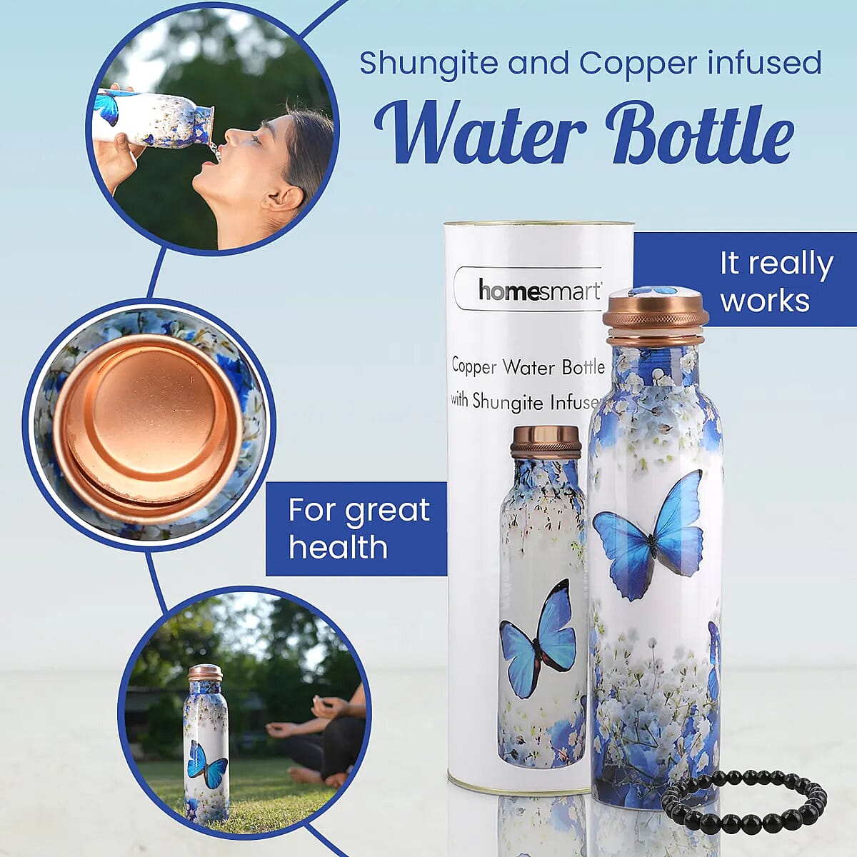 Multi Color Printed Copper Bottle with Shungite Infuser and Shungite Bracelet  Bottle Size: Height- 10.6 inches, Diameter- 2.75 inches, Bracelet - 6mm Bottle Capacity: Approx. 32 Oz.