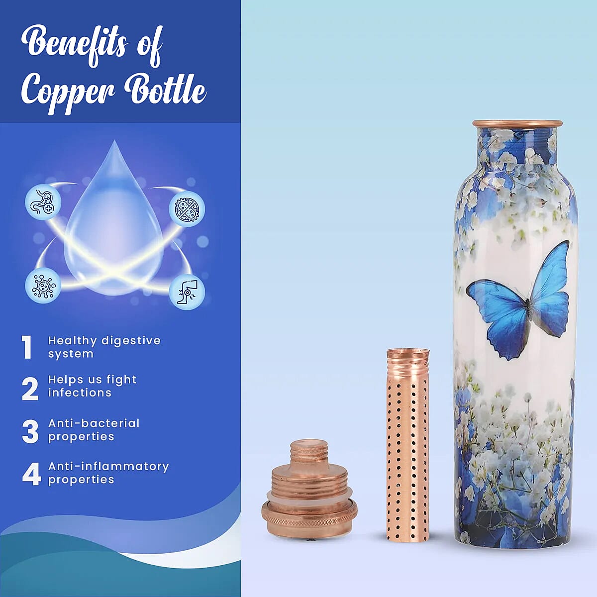 Multi Color Printed Copper Bottle with Shungite Infuser and Shungite Bracelet  Bottle Size: Height- 10.6 inches, Diameter- 2.75 inches, Bracelet - 6mm Bottle Capacity: Approx. 32 Oz.