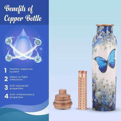 Multi Color Printed Copper Bottle with Shungite Infuser and Shungite Bracelet  Bottle Size: Height- 10.6 inches, Diameter- 2.75 inches, Bracelet - 6mm Bottle Capacity: Approx. 32 Oz.